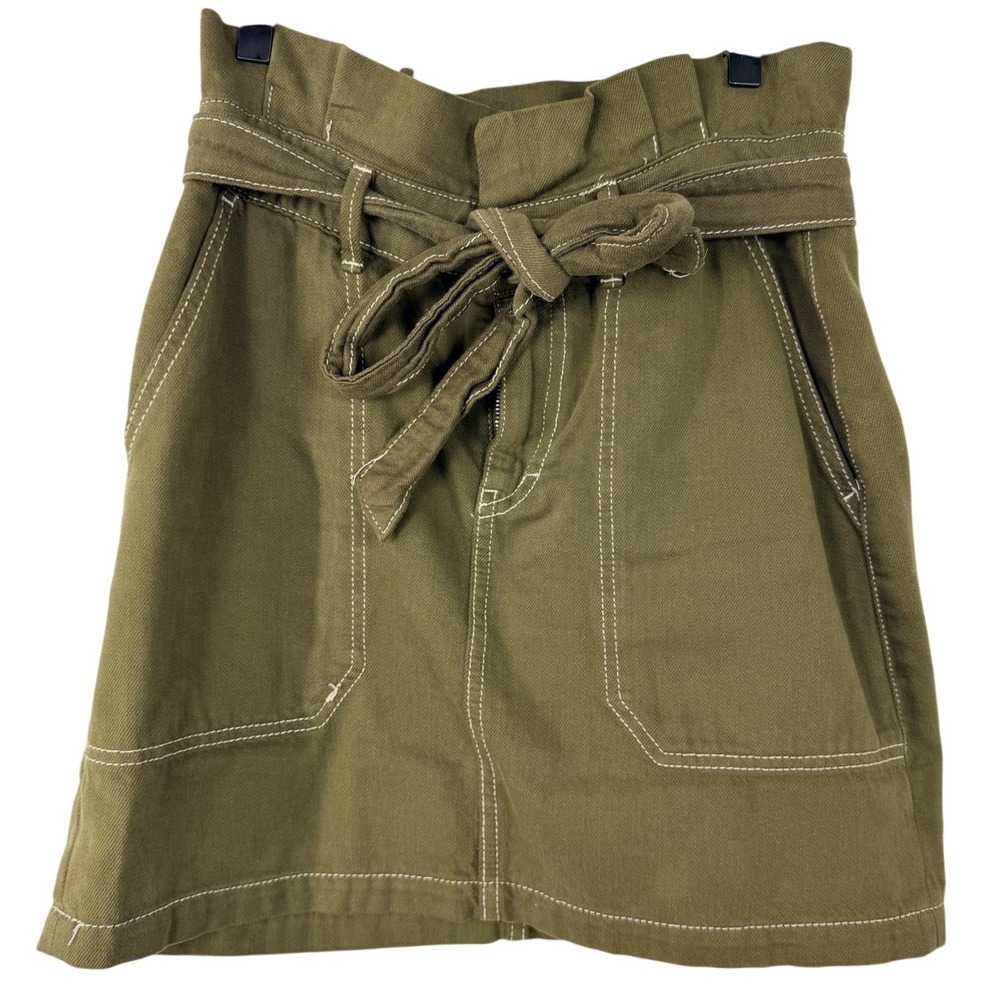 Free People Paperbag Waist Utility Mini Skirt Olive Green Contrast Stitch Size 4